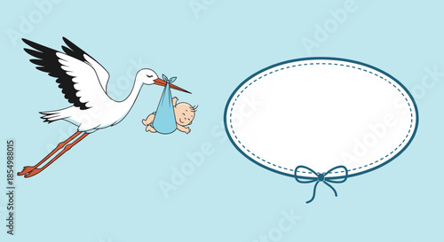 Traditional stork carries a newborn baby in a blue bundle next to a blank oval frame for a sweet baby announcement card.
