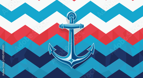 Blue anchor symbol stands out against a bold background of red, white, and navy blue chevron stripes in a marine style.