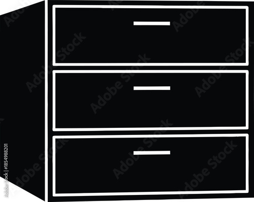 Simple black three-drawer cabinet icon representing storage and organization