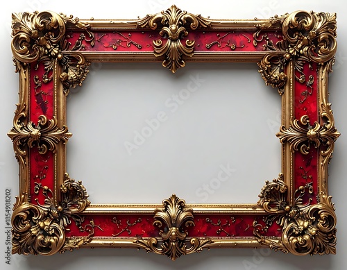 Ornate rectangle frame; red with gold accents, detailed floral carvings. Against a plain white background