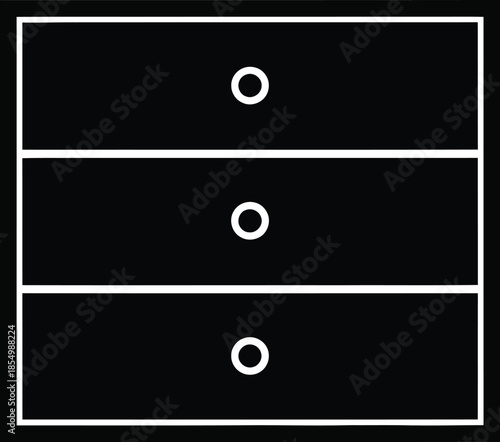 Minimalist black icon of a three-drawer chest or filing cabinet for storage