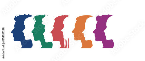 Human head  Collection of black silhouettes, diverse male and female side view faces, different hairstyles
