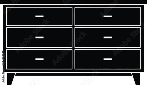 A sleek black six-drawer dresser illustration with minimalist design for modern storage