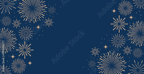 Elegant gold fireworks burst and sparkling stars on clean blue background, festive celebration illustration for New Year, holiday party, greeting card, luxury event design, minimalist style vector.