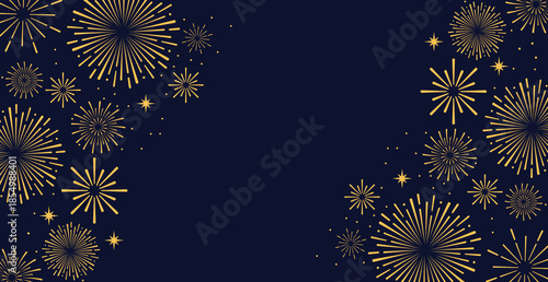 Elegant gold fireworks burst and sparkling stars on clean blue background, festive celebration illustration for New Year, holiday party, greeting card, luxury event design, minimalist style vector.