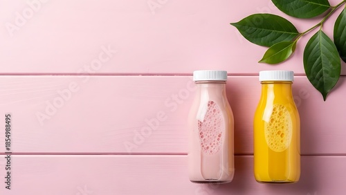 Fresh Healthy Fruit Smoothies Pink and Yellow Juice Bottles Beverage Mockup