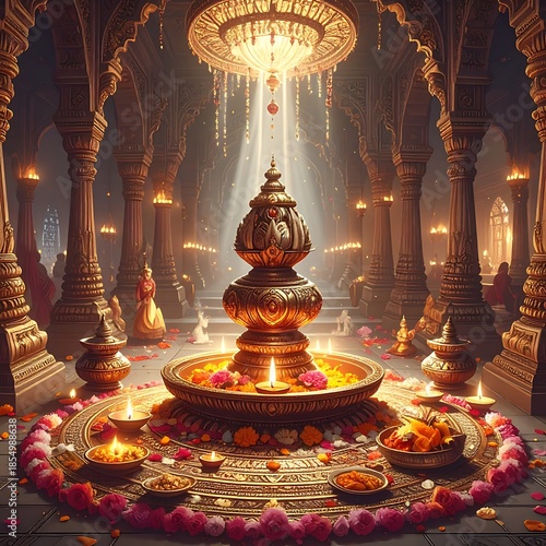 Ornate temple interior with a large central fountain and intricate pillars illuminated by candles