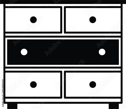 Minimalist black and white illustration of a chest of drawers with five storage units