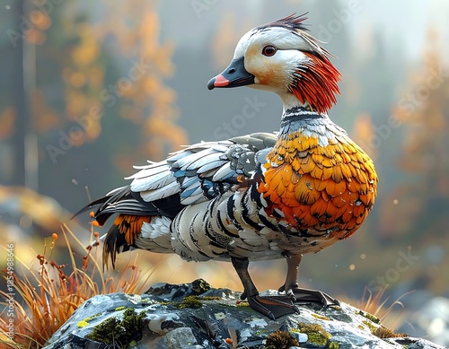Ornate, colorful duck stands on a mossy rock with a blurred autumn forest backdrop