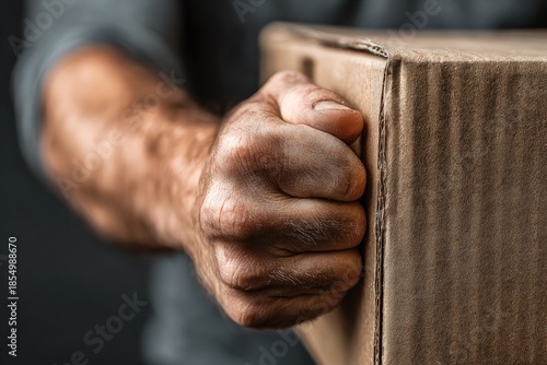 Person's clenched fist hitting a sturdy brown cardboard box, symbolizing anger and impact