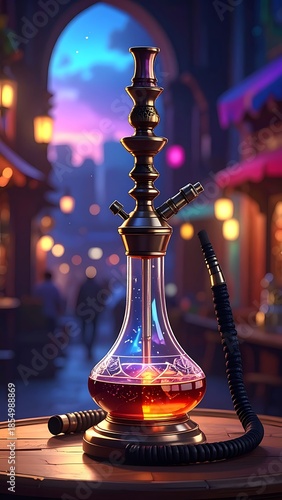 Ornate hookah atop a round table, soft background of a bustling night market under a colorful dusk sky