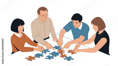 Diverse group of business professionals collaborating on a puzzle, symbolizing teamwork and problem-solving