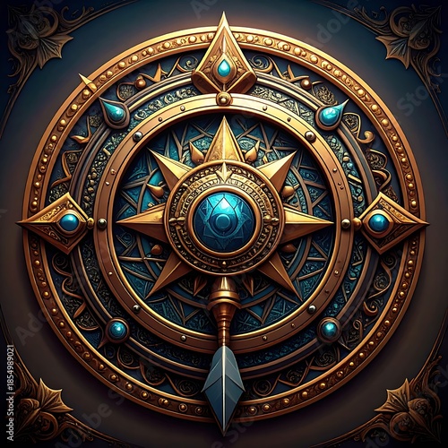 Ornate compass design with gold accents and blue gem details, centered on a dark blue decorative background