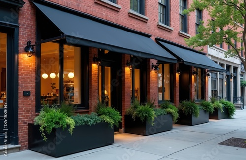 Brick building facade with modern black awnings and large planter boxes filled with lush green plants. Large windows reflect warm interior lights creating an inviting street view during daytime.
