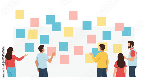 Diverse team collaborating on a brainstorming session with colorful sticky notes