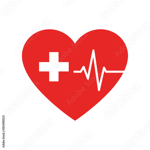 Red Heart with White Medical Cross and Heartbeat