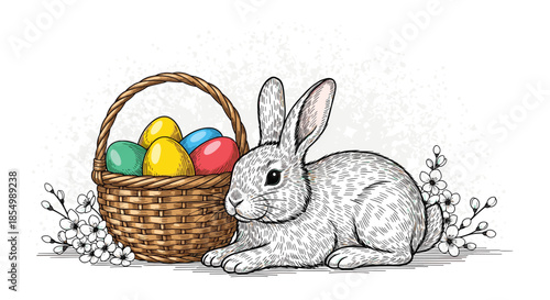 Detailed hand-drawn sketch of an Easter bunny rabbit sitting peacefully next to a woven basket filled with colorful eggs and flowers.