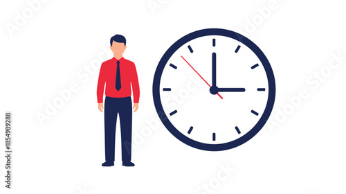 Man standing next to a large clock representing time management