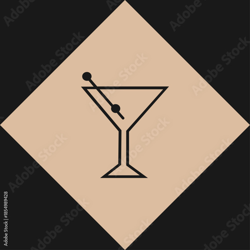 Minimalist line art martini glass with olives on a tan diamond. Perfect for retro bar decor, kitchen linens, retro-inspired apparel, or festive party Vector