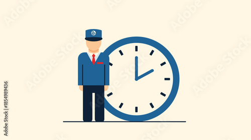Man in uniform standing next to a large clock, symbolizing time management and punctuality