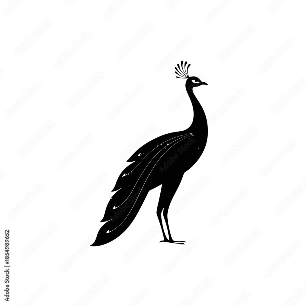 Fototapeta premium Graceful Black Peacock Silhouette Vector Illustration. Elegant Majestic Bird with Crown and Long Tail Feathers. Wildlife Icon Design