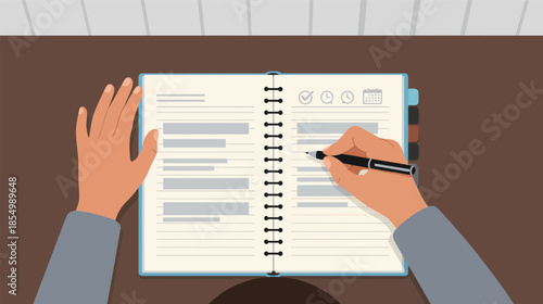 Person writing in a planner or notebook with a pen, top-down view