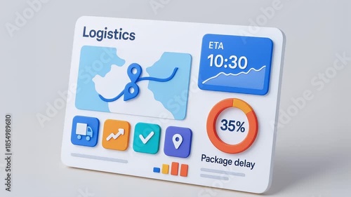 Logistics dashboard featuring map route, estimated time of arrival, package delay percentage, and delivery icons showing transportation and tracking status in clean minimal interface design