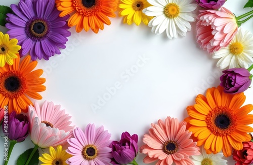 Colorful gerbera daisy flowers form a border on white background. Ideal for cards, invitations, spring themes, or any celebratory design. Botanical arrangement offers fresh, vibrant beauty.