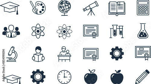 Educational set with graduation cap and science symbols school learning technology