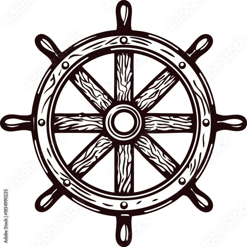 Vintage wooden ship wheel illustration with engraved texture and nautical marine design isolated on white background