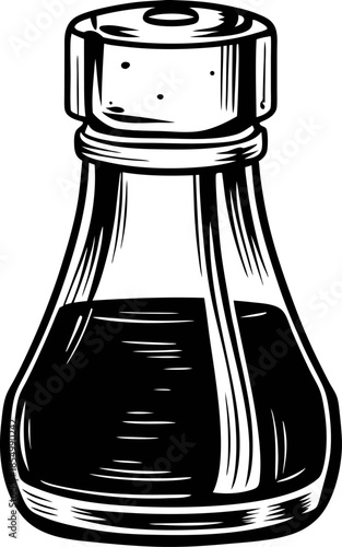 Hand drawn glass soy sauce bottle with stopper vintage black and white illustration in engraving