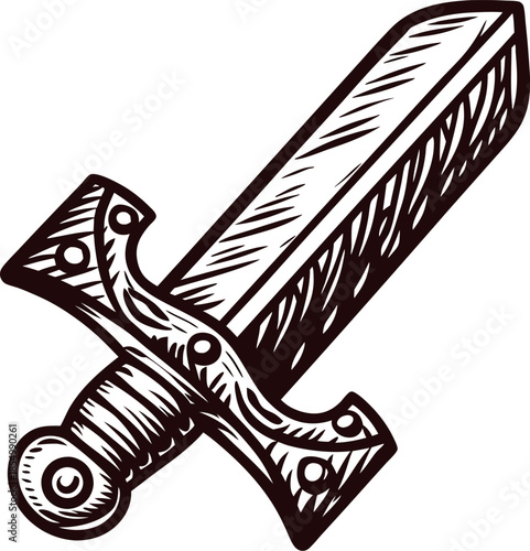 Hand drawn medieval sword illustration with decorated hilt and textured blade in vintage engraved