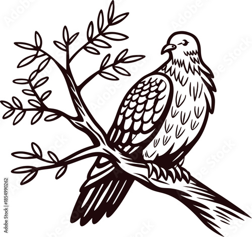 Hand drawn bird perched on branch with leaves vintage engraved monochrome illustration isolated on white