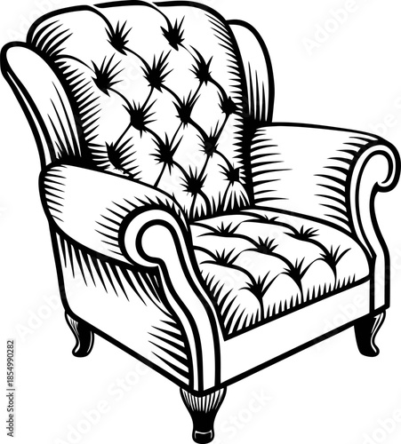 Hand drawn vintage armchair with tufted upholstery and rolled arms isolated on white background