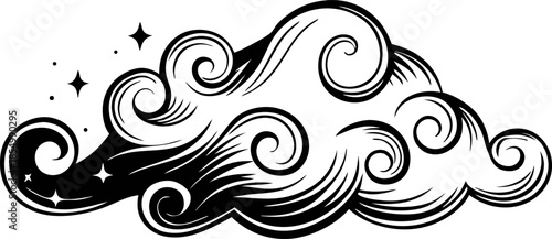 Elegant hand drawn swirling cloud with stars, decorative vintage engraving black and white illustration