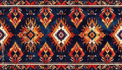 Ornate textile with bold geometric motifs in navy, orange, and red on a textured ground, resembles a traditional rug