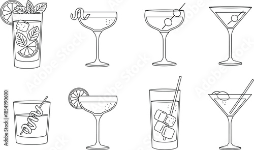 Line of eight different cocktail glasses with various garnishes martini glasses highball glass