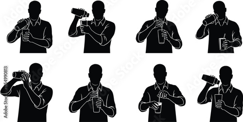 Man drinking from glass with straw and pouring juice silhouette black white