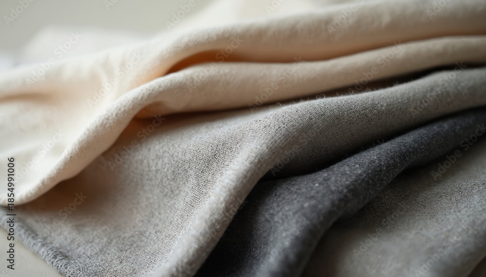 Fototapeta premium Stacked neutral toned linen fabric swatches show texture and weave. Samples in beige light grey dark grey show material versatility for home decor sewing fashion.