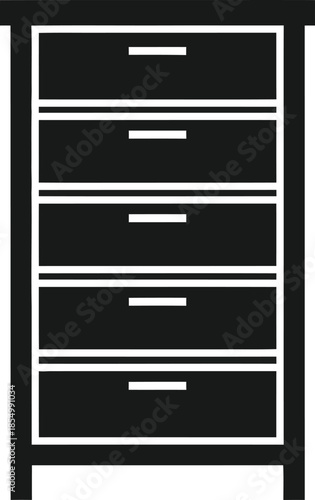 A simple black silhouette icon of a tall chest of drawers with five storage compartments