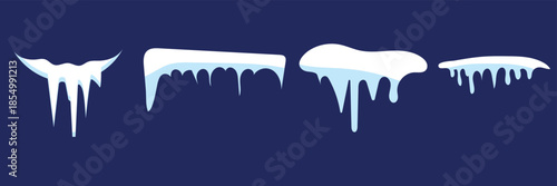 Snow and ice caps border elements. Set of white snow and icy shapes with dripping edges, ideal for winter themes, game UI, festive designs, and cold weather illustrations.

