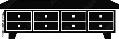 Black silhouette of a long chest of drawers or low cabinet with eight drawers