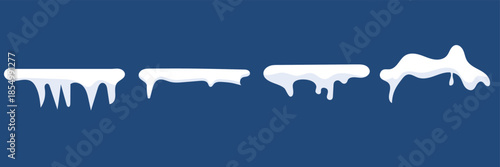 Snow and ice caps border elements. Set of white snow and icy shapes with dripping edges, ideal for winter themes, game UI, festive designs, and cold weather illustrations.

