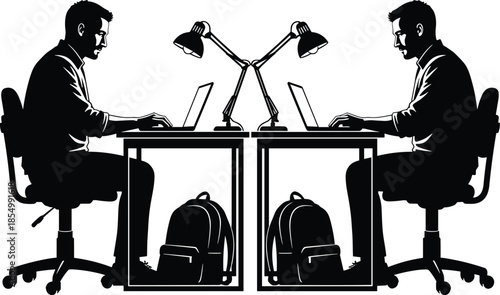 Two men sitting at desks with laptops and lamps people office workspace
