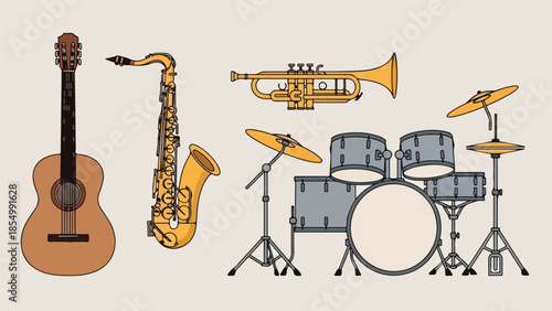 Musical instruments illustration featuring guitar, saxophone, trumpet, and drum set on a clean background