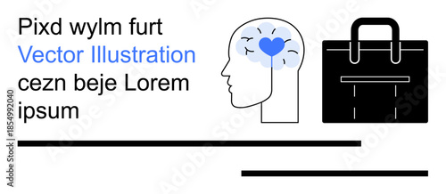 Mental health, work-life balance, emotional intelligence, career goals, personal development, stress management. Outline of a human brain with a heart and a briefcase. Mental health and work-life