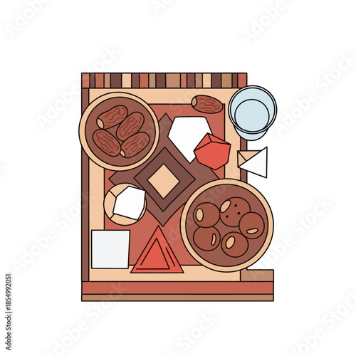 Flat lay illustration of a Middle Eastern or North African inspired meal with dates, pastries, and tea, on a decorative tablecloth with a vibrant, warm color scheme.