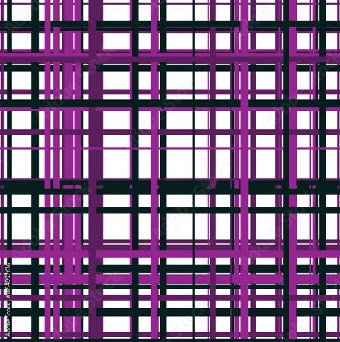 This abstract image displays a dynamic grid pattern formed by intersecting lines. Vibrant purple and dark charcoal lines weave across a white background. The lines vary in thickness and irregular 