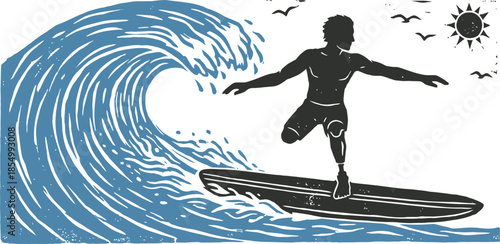 Amputee Surfer Riding a Barrel Wave Linocut Style Illustration