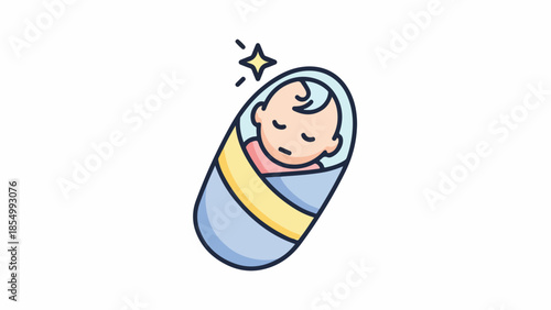 A serene cartoon baby wrapped snugly in a blue and yellow blanket, sleeping peacefully with a sparkle above